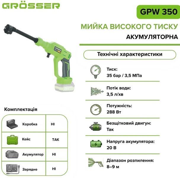 Акумуляторна мийка високого тиску GROSSER GPW 350 (без АКБ та ЗП) GROSSER GPW 350 фото